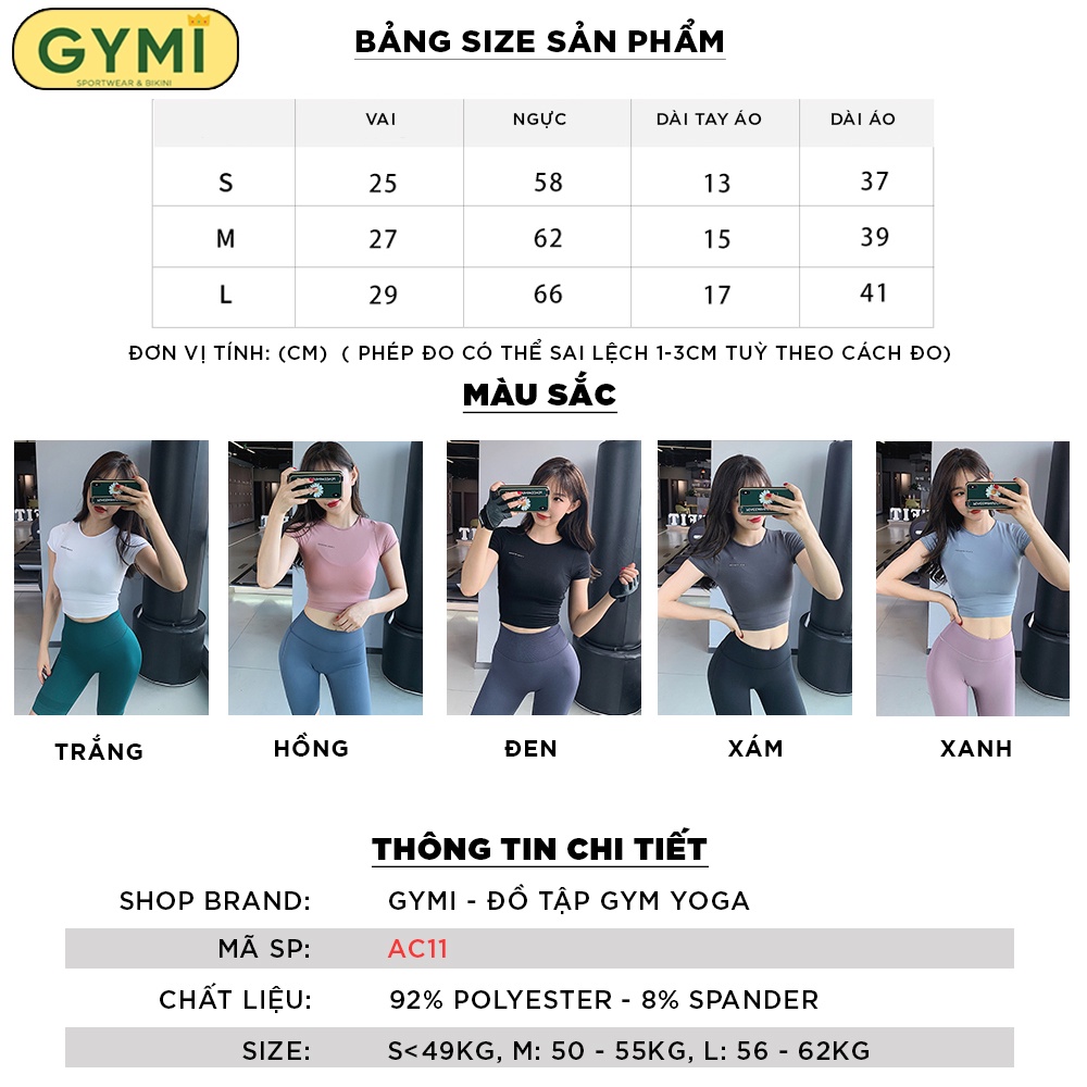 Áo tập gym nữ croptop ngắn tay GYMI AC11 chất thun mịn ôm body tập yoga thể thao chất co giãn