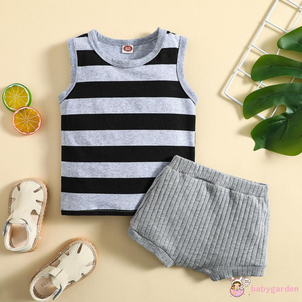 Bộ Áo Tank Top + Quần Short Lưng Thun Họa Tiết Sọc Ngang Dễ Thương Thời Trang Mùa Hè Cho Bé Trai 0-24 Tháng Tuổi