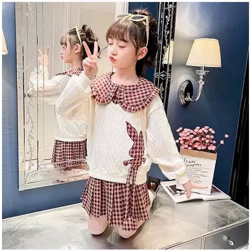 Váy bé gái áo len xốp và váy kẻ xếp ly xòe liền quần XHN1072