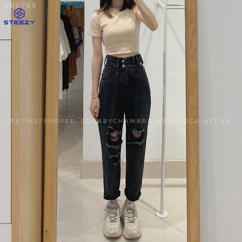 [QB0769] Quần jeans Baggy cạp cao 2 cúc rách gối mã 769 (Có sẵn/Ảnh thật)