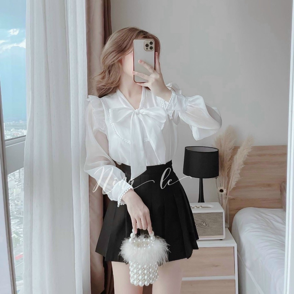 Áo sơ mi von cổ nơ bèo vai, Áo kiểu dài tay cổ buộc nơ thiểu thư SM9381 - NhiNhi Shop