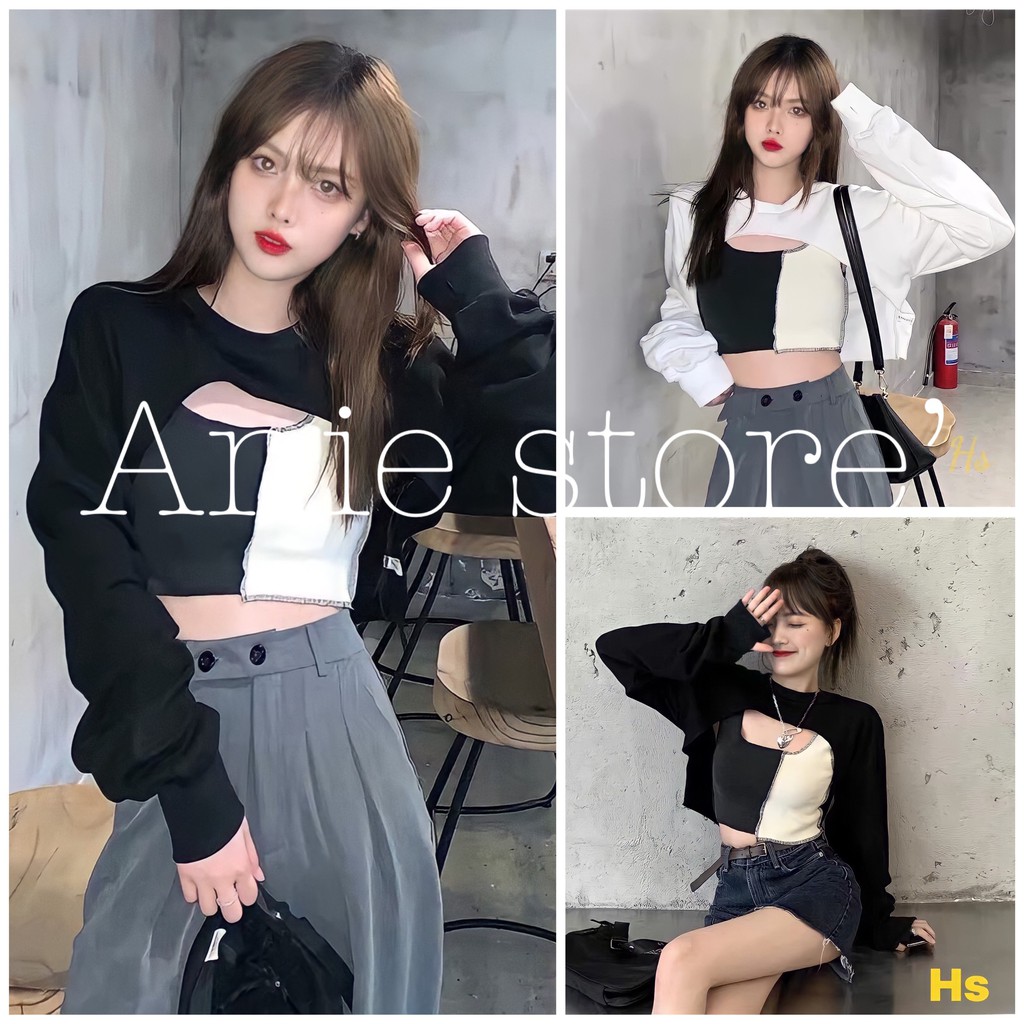 Bộ Áo Croptop Nữ Phối Màu Đen Trắng 🦋 Set Áo Croptop Dài Tay Kèm Áo Trong 2 Màu 🦋