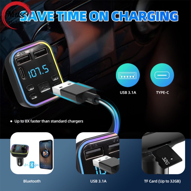 Máy Nghe Nhạc Mp3 Hai Cổng Usb 4.2a + pd Type C Kết Nối Bluetooth Có Đèn Nền Led Cho Xe Hơi
