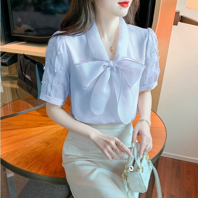 Áo Chiffon Nữ Tay Dài Phối Nơ Thời Trang