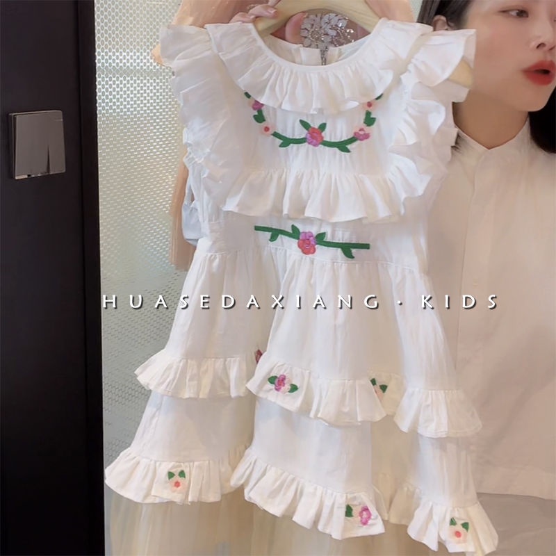 Đầm Dài Dáng Chữ A Thêu Họa Tiết Phong Cách Hàn Quốc Thời Trang Mùa Hè Xinh Xắn Cho Bé Gái