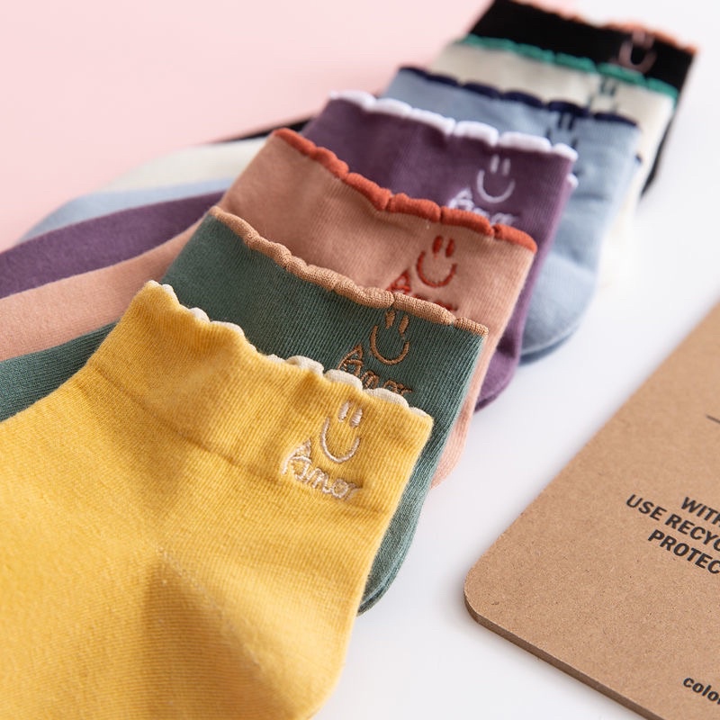 5 đôi Tất nữ nhún cổ thấp,vớ nữ nhún cổ thấp viền bèo cực xinh,cotton phong cách vintage Hàn. Mã TNCT05