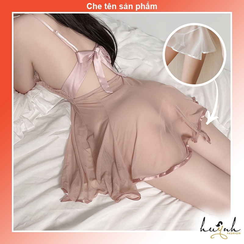 Đầm ngủ hai dây voan phối ren ngực sexy gợi cảm - N55