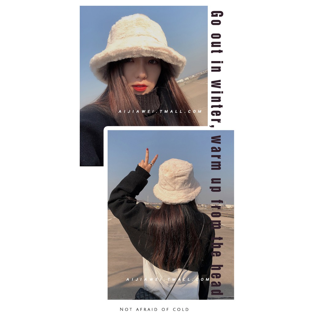 Nón tai bèo lông thỏ nhân tạo dày dặn màu sắc trơn phong cách Nhật Bản thời trang mùa đông cho nữ