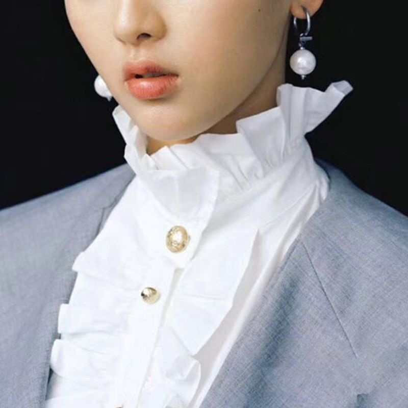 ✿ Áo Sơ Mi Phong Cách Steampunk Steampunk Cổ Đứng Nhún Bèo Lá Sen Màu Vàng Có Thể Tháo Rời