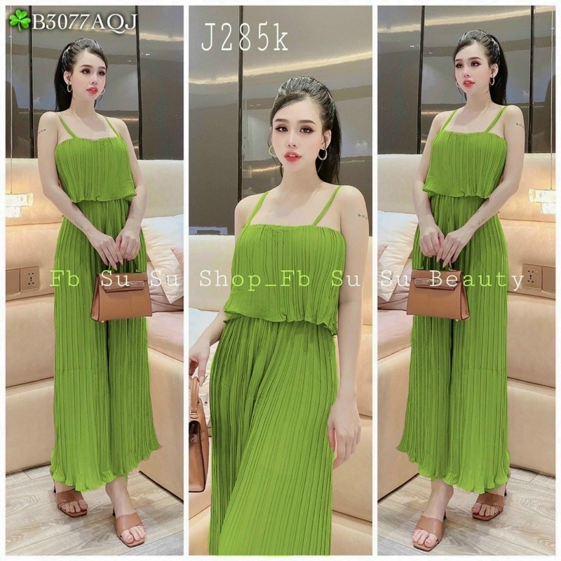 Jumpsuit hai dây ống suông phối bèo dập ly