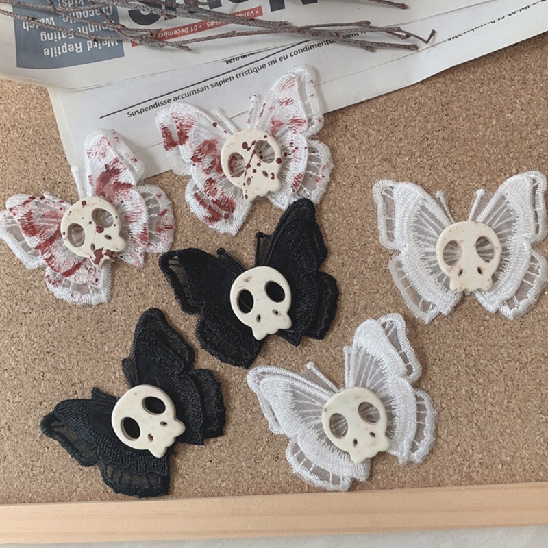 Kẹp tóc mỏ vịt họa tiết bướm phối đầu lâu phong cách lolita gothic thời trang halloween nhiều màu sắc