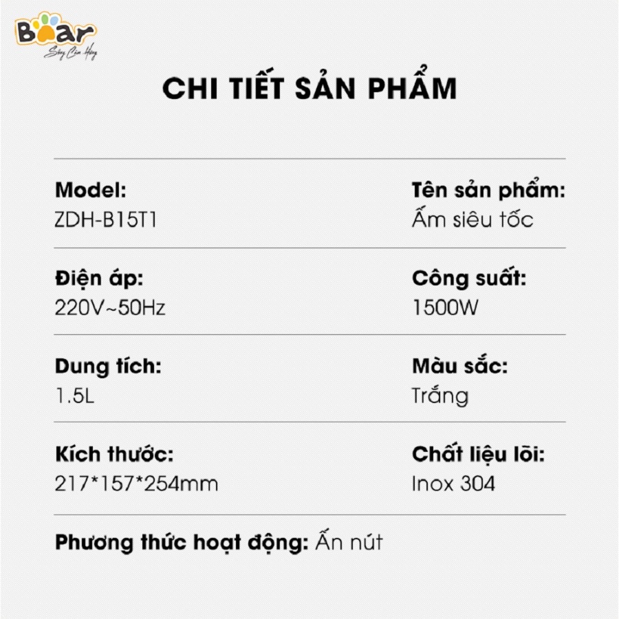 Bình ấm đun siêu tốc công suất lớn sôi nhanh trong 5 phút Bear ZDH-B15T1