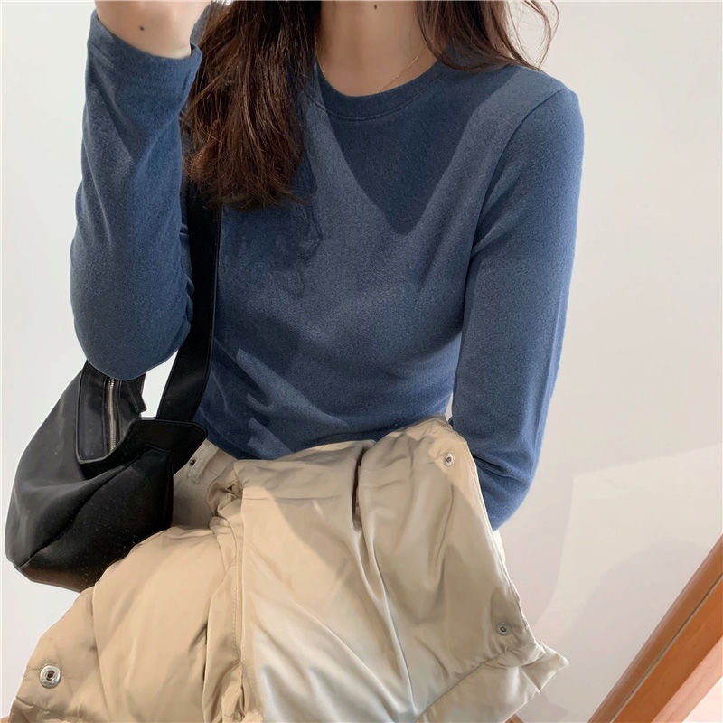 Áo thun tay dài cổ tròn lót nhung thời trang thu đông mới cho nữ 2021