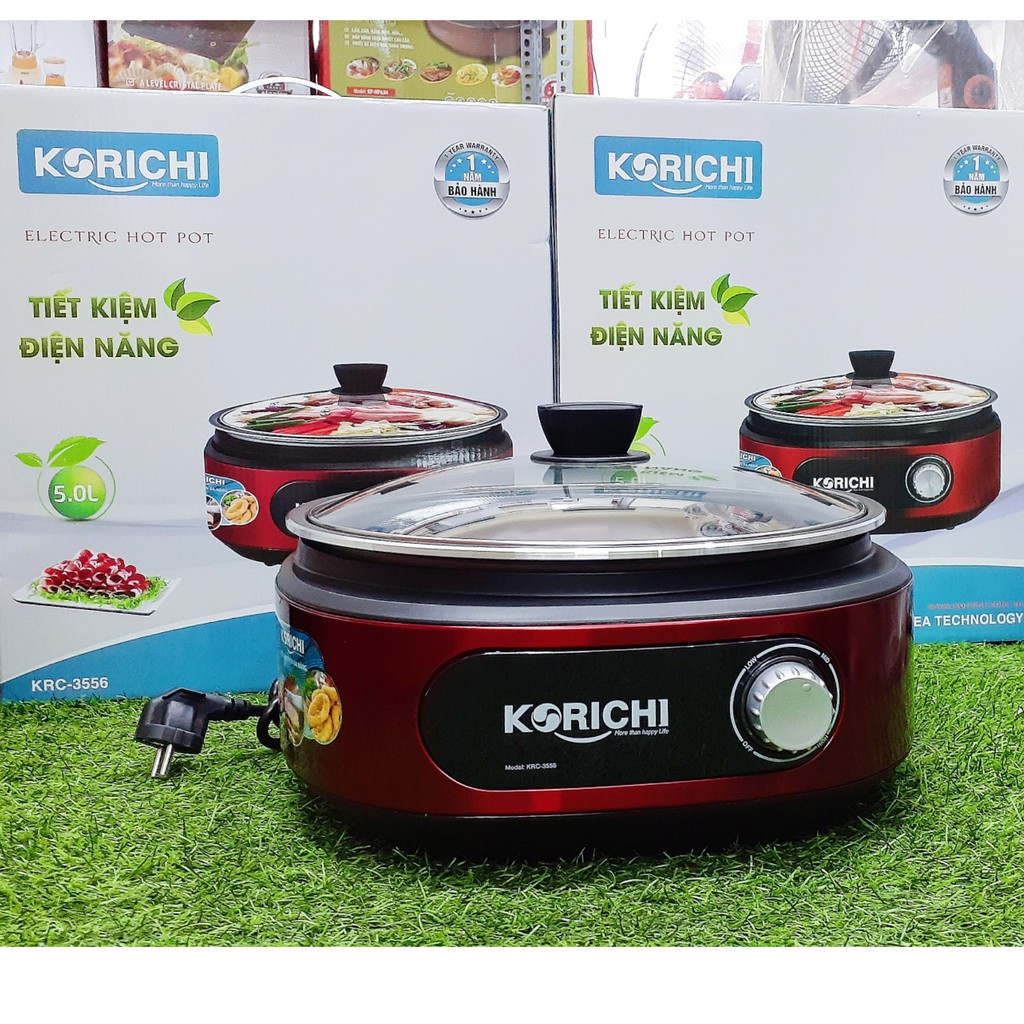 Chảo lẩu điện Korichi - KRC-3556, 5.0L, 1.800W, BH 12 tháng, nồi chảo điện đa năng Hàn Quốc