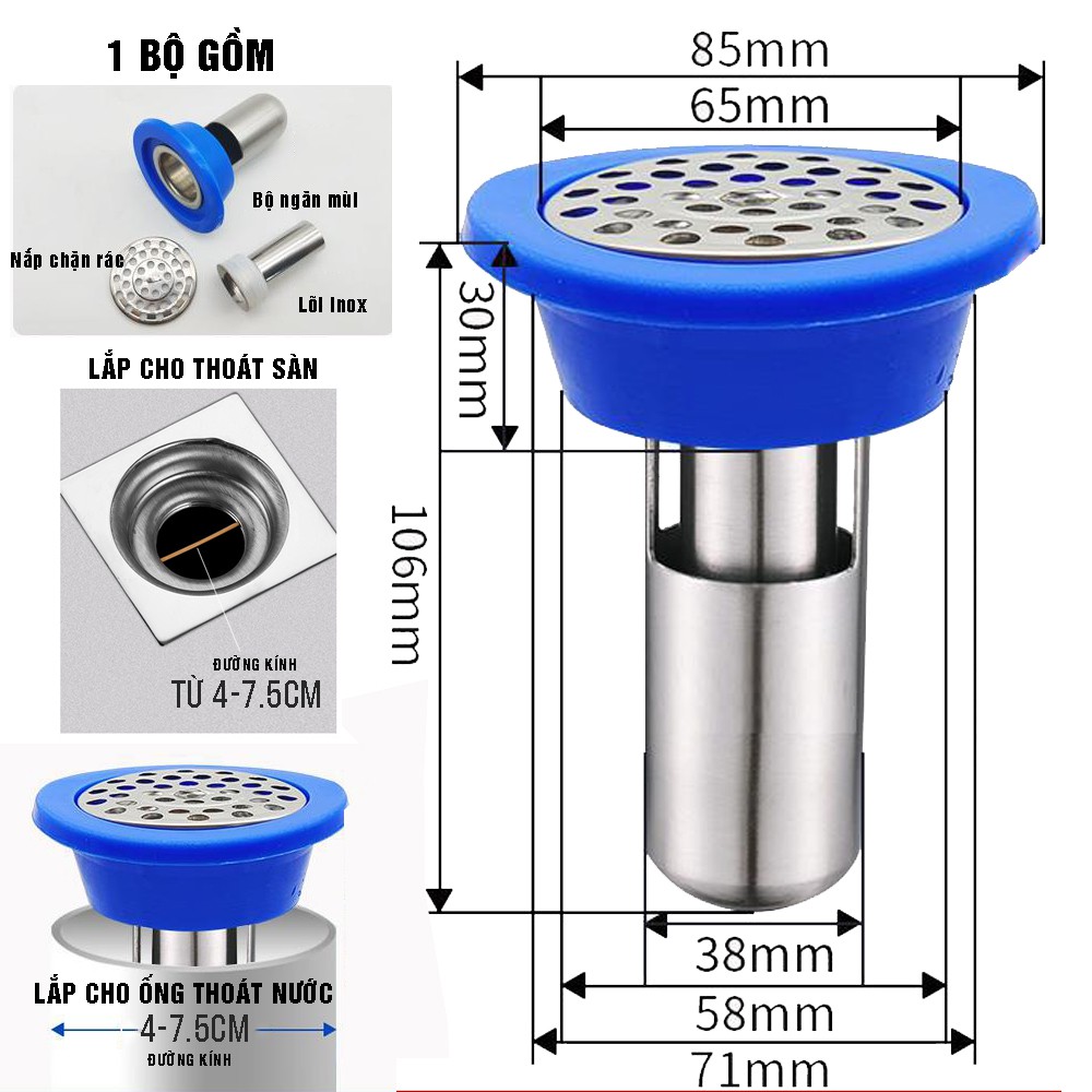 Phụ kiện Ngăn mùi nhà tắm - INOX 304 lắp thoát sàn chống mùi hôi ngăn vi khuẩn trào ngược lên Size D: 4cm-7.5cm – DH3012
