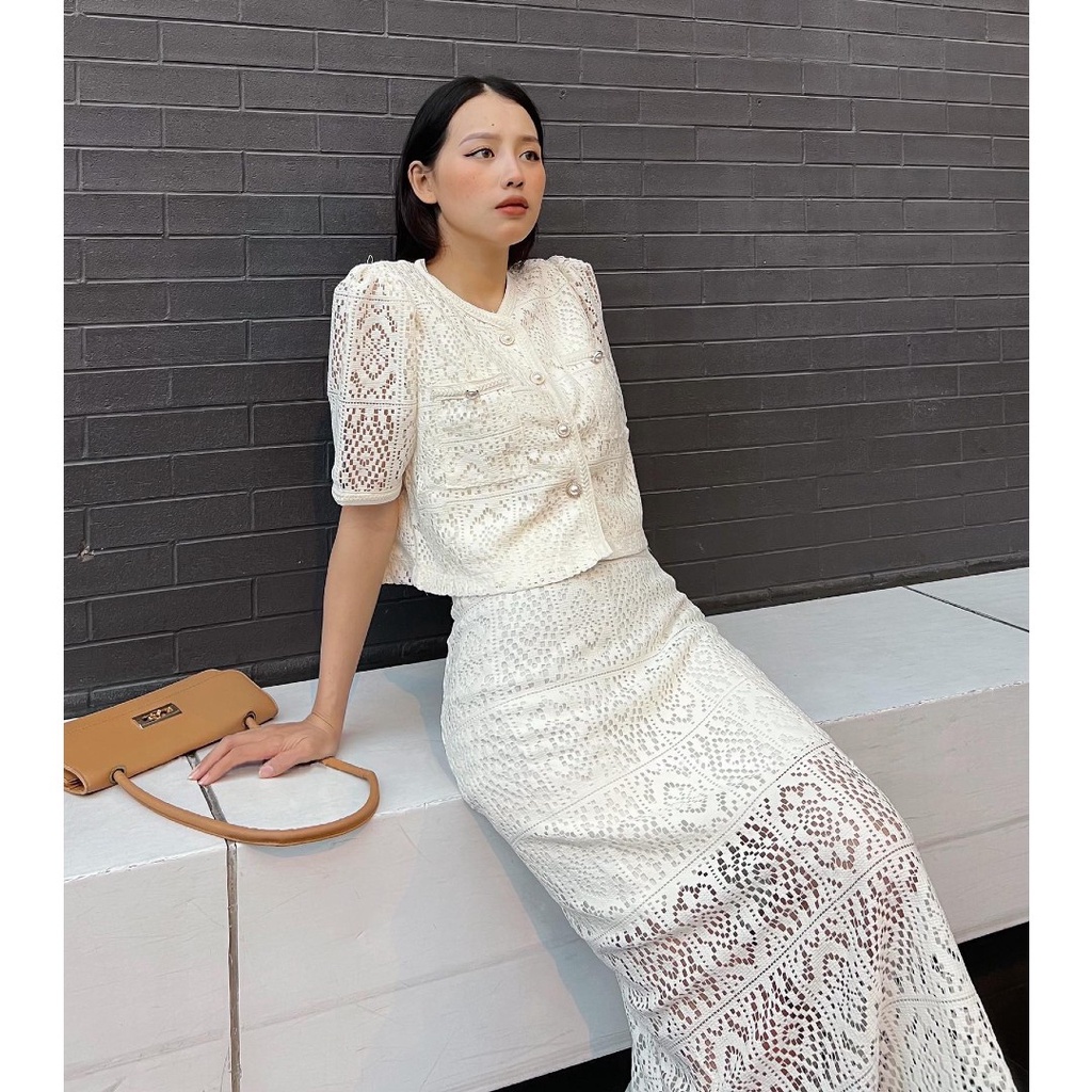 Set áo kiểu nữ sơ mi Linly Store kèm chân váy chất ren
