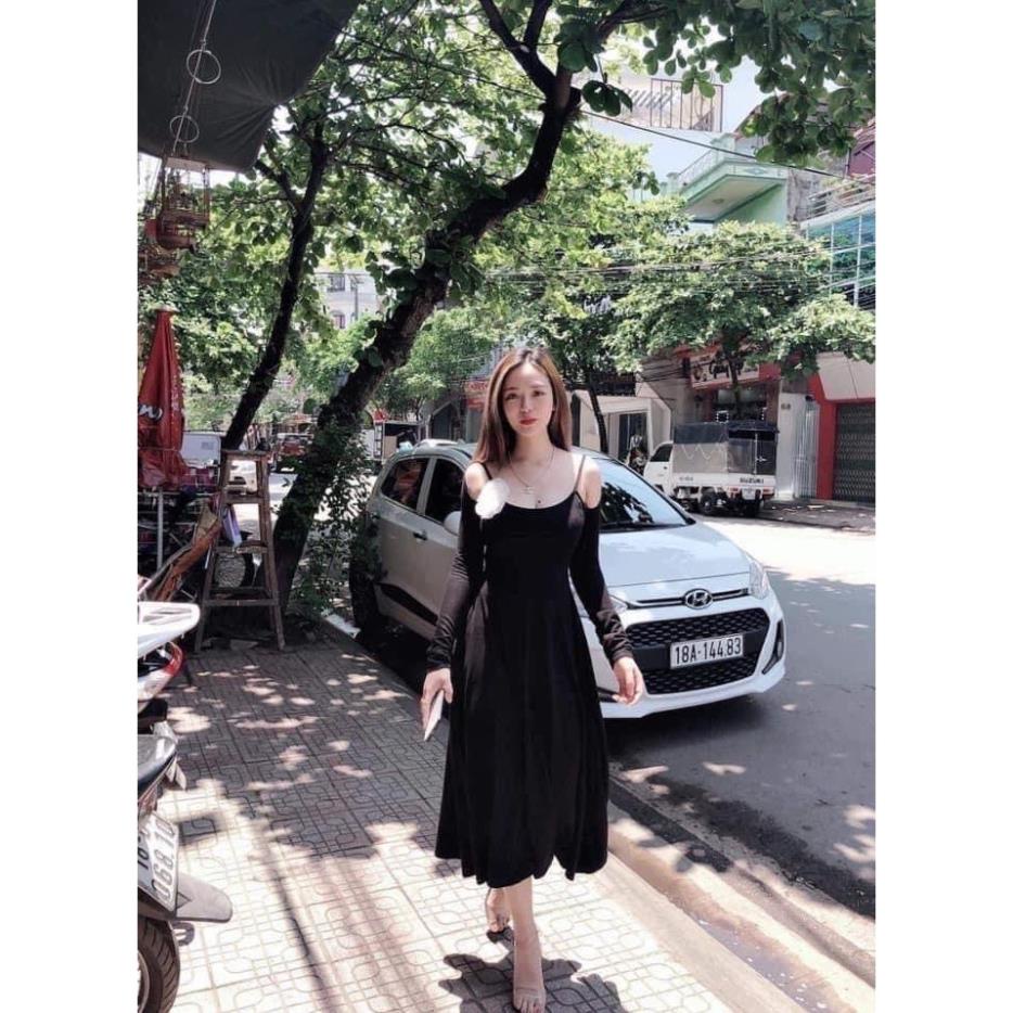VÁY MAXI ĐEN DÀI TAY KÈM NƠ CÀI NGỰC, ĐẦM SUÔNG DẠ HỘI SEXY CHẤT THUN HÀNG QUẢNG CHÂU KFI