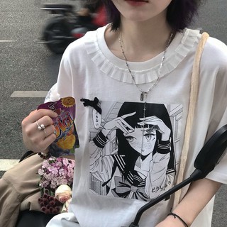 Áo thun form rộng hình anime mặc seifuku cổ áo ren siêu xinh - order 10 ngày