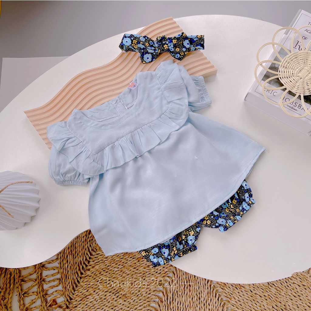 Bộ hè bé gái, bộ đũi ngực viền bèo quần thô hoa nhí kèm turban cho bé