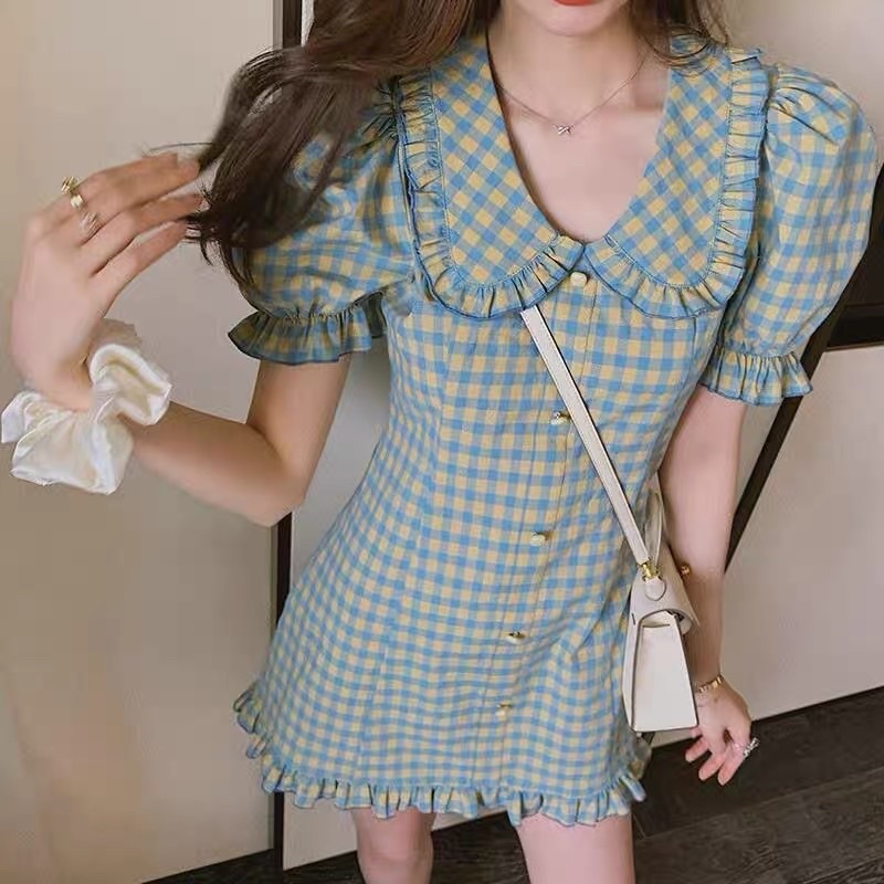 Váy đầm cổ bèo họa tiết kẻ tiểu thư cực đẹp V01
