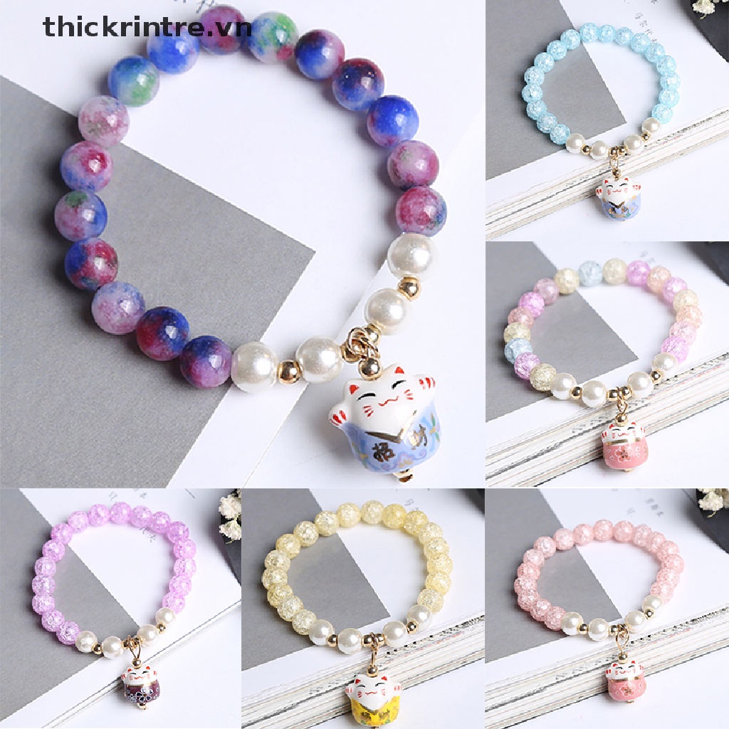 Vòng Đeo Tay Hình Mèo May Mắn Đính Hạt Pha Lê Handmade Dành Cho Nữ