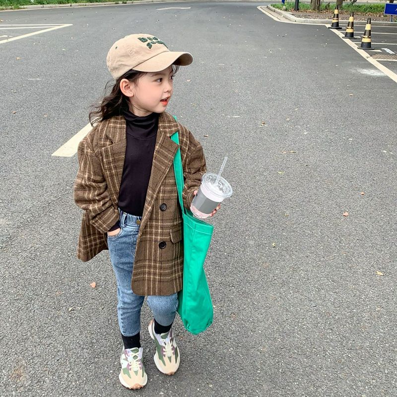 Áo vest dạ caro nâu dáng dài unicex cho bé trai bé gái