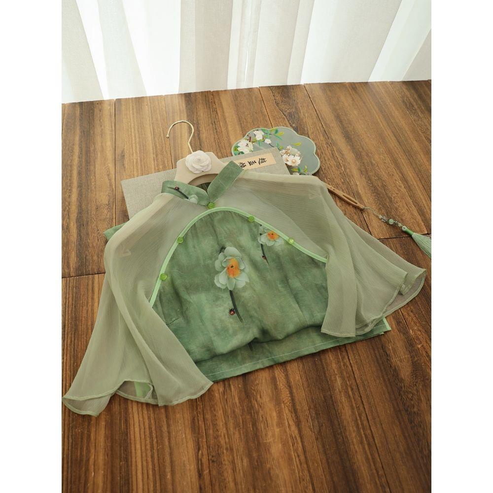 Đầm Sườn Xám Cách Tân Tay Dài Màu Xanh Lá Phong Cách Retro Trung Hoa Cao Cấp