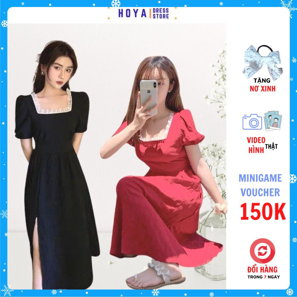 Váy đầm voan xòe xẻ tà cổ vuông viền ren dài qua gối, tay ngắn màu đen trắng đi dự tiệc, chơi size SML - HOYA STORE