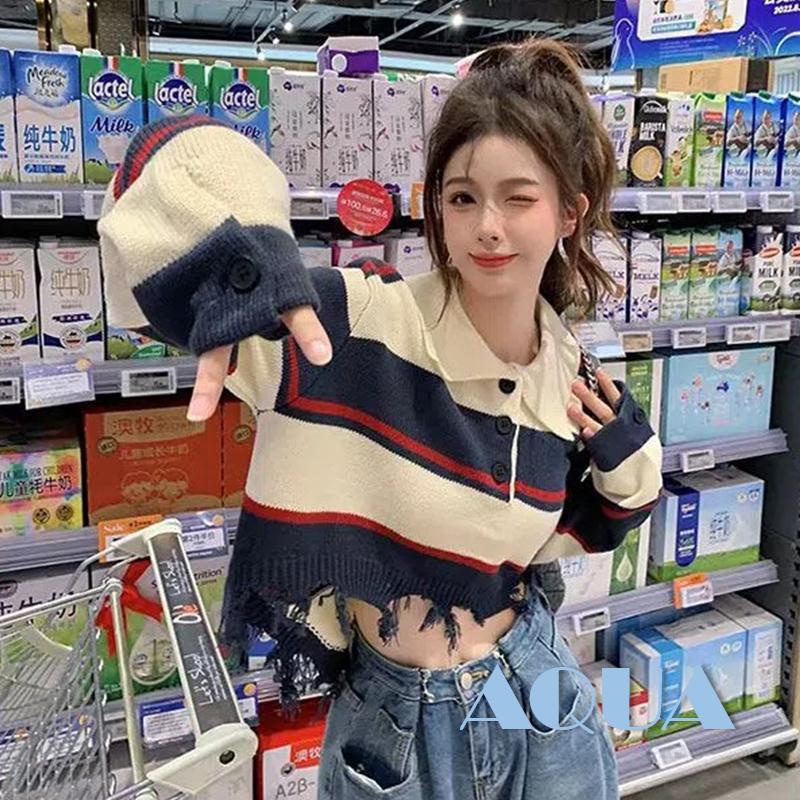 Áo Croptop Dệt Kim Tay Dài Cổ Tròn Màu Sắc Tương Phản Thời Trang Cho Nữ