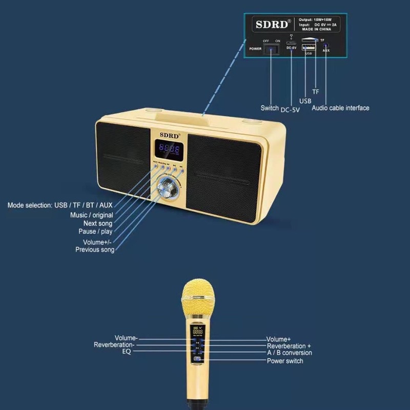 Loa Bluetooth Mini Karaoke SDRD SD-309 , Bản Cao Cấp Chất Lượng, Kèm 2 Micro Sạc Không Dây