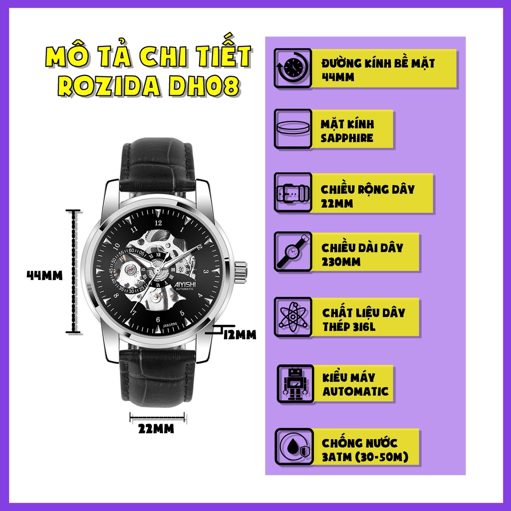 Đồng hồ cơ nam đẹp chính hãng dây da thời trang cao cấp chống nước ROZIDA DH08 | BigBuy360 - bigbuy360.vn