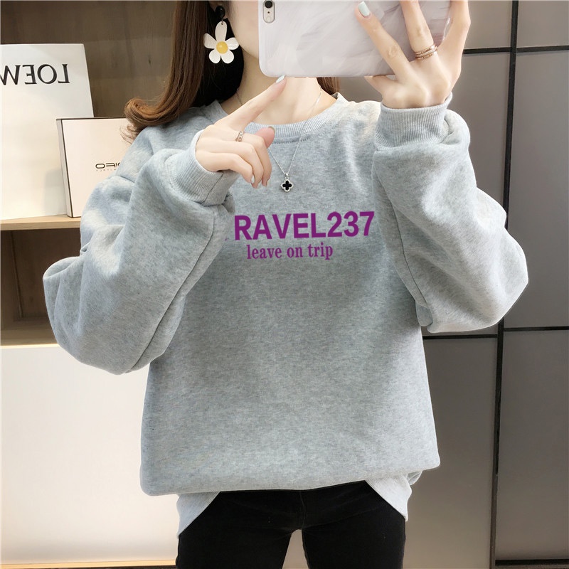 Áo Sweater Nhung Cổ Tròn Dáng Rộng In Họa Tiết Thời Trang Thu Đông Cho Nữ 238164 Real Shot 190g