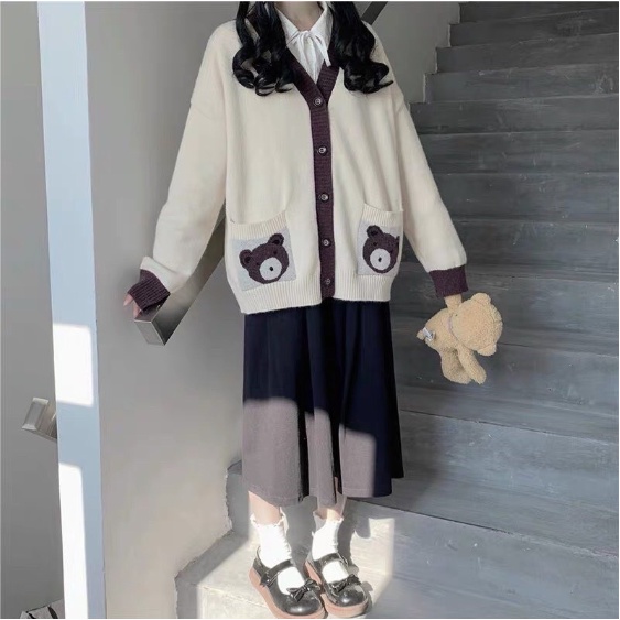 Áo Cardigan Len Viền Nữ Dài Tay Túi  Gấu Dễ Thương Form Suông Rộng Thoải Mái