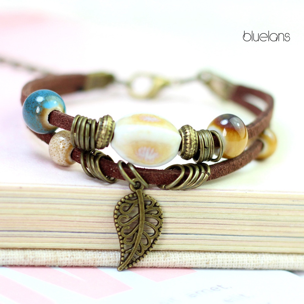 Vòng Tay Da Hai Lớp Đính Hạt Gốm Và Lá Phong Cách Bohemian