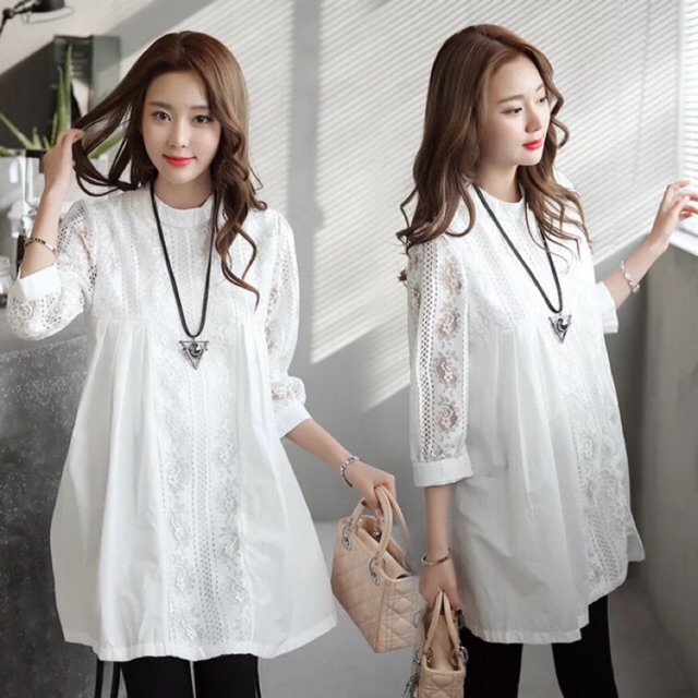 Sơ mi bầu trắng pha ren( ảnh thật ảnh tiếp)