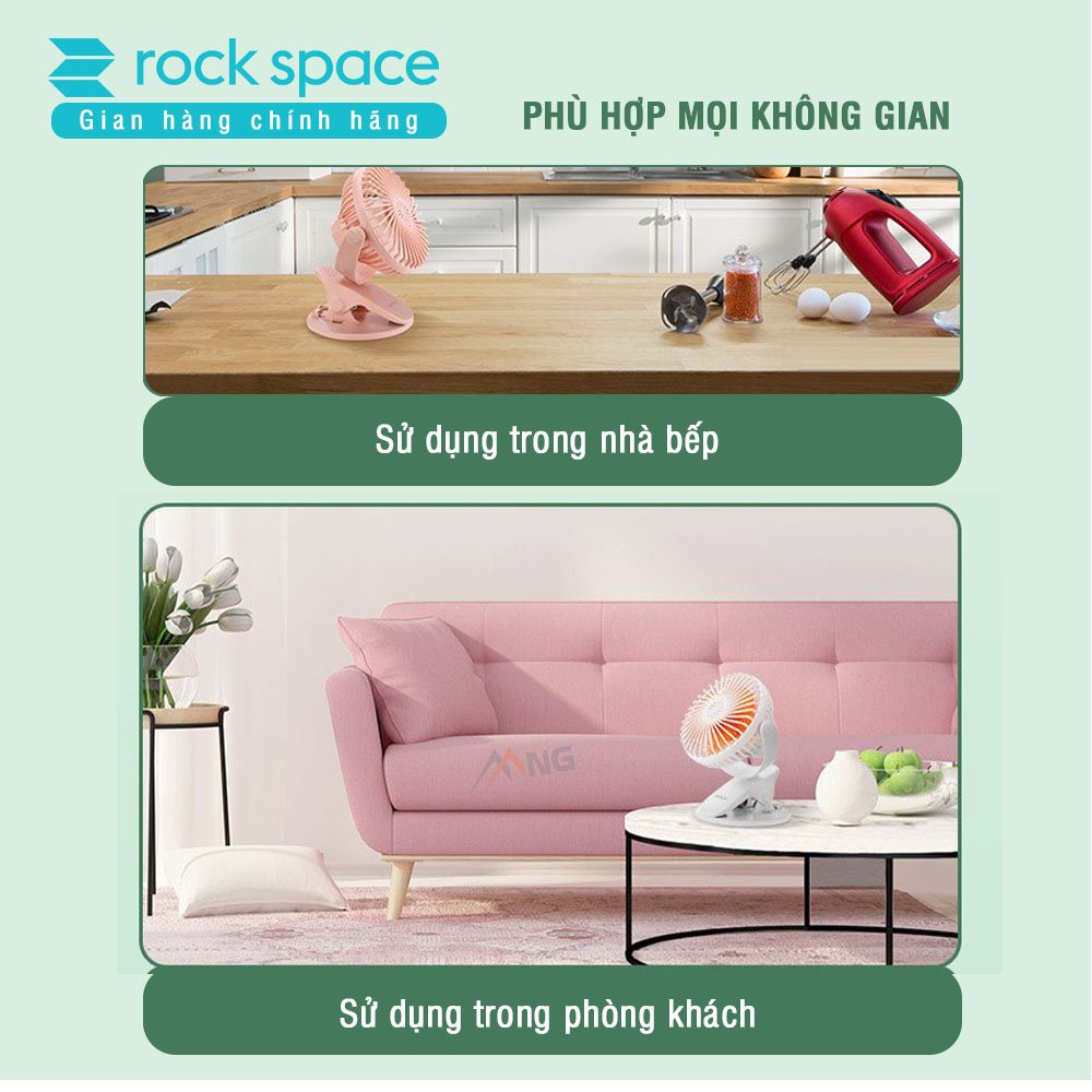 Quạt mini tích điện để bàn cầm tay Rockspace, quạt kẹp bàn dùng liên tục đến 3h- Hàng chính hãng bảo hành 12 tháng