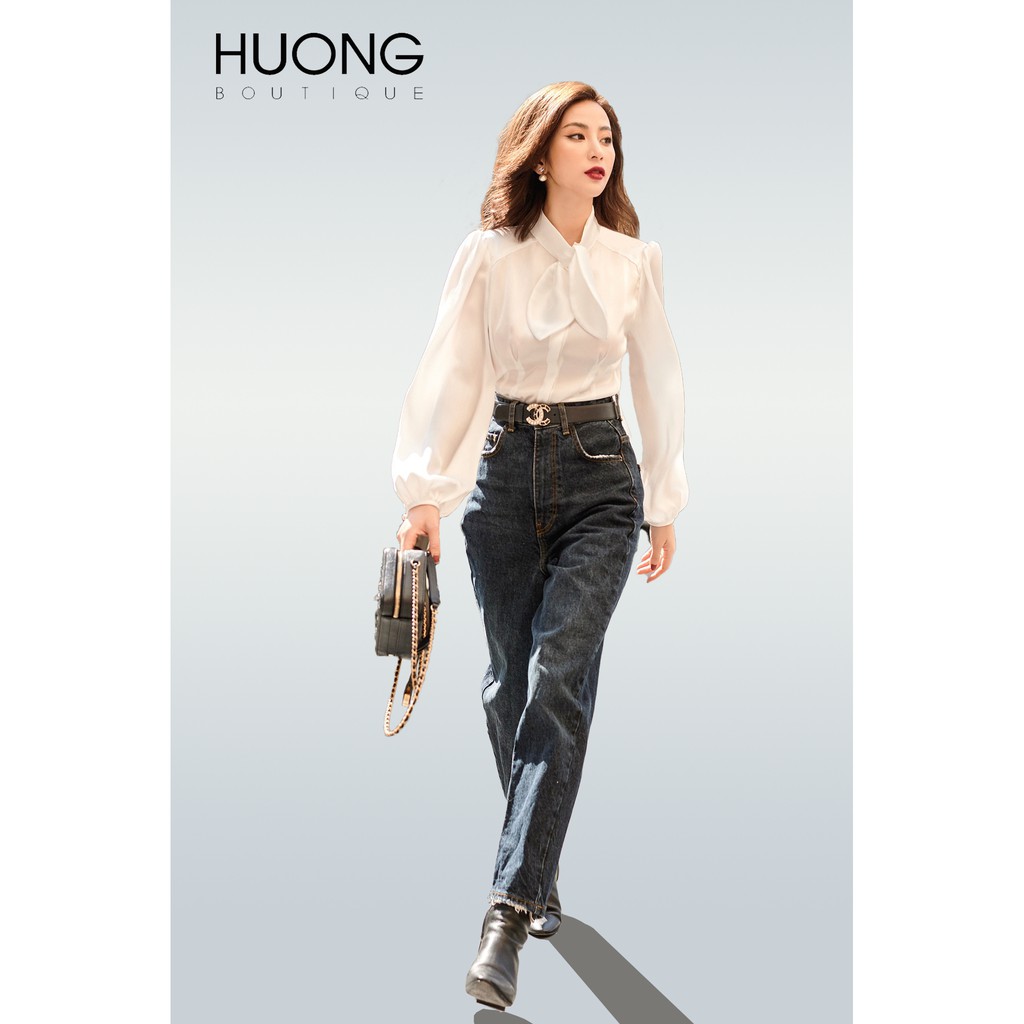 Áo sơ mi lụa phối nơ nữ HB HUONGBOUTIQUE HBSM721