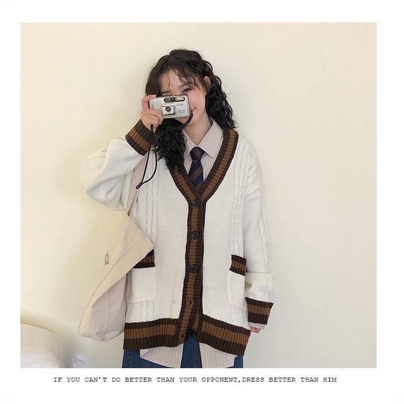 Áo Khoác Cardigan  Nữ Chất Len Dày, Dáng Dài, Rộng Màu Nâu và Trắng