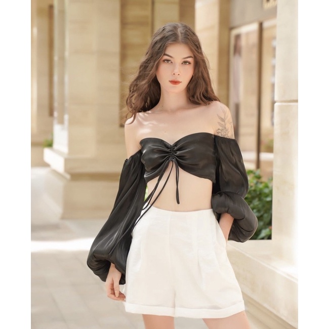 ELE Studios- Áo thiết kế nữ tông dáng lụa thuỷ tinh cao cấp màu đen tay bồng LUSTER thanh lịch, sexy