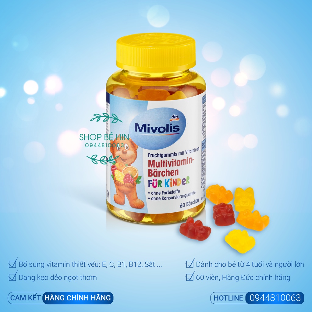 Kẹo Vitamin tổng hợp hình gấu Mivolis Đức lọ 60 viên, kẹo dẻo Mivolis cho bé từ 4 tuổi và người lớn