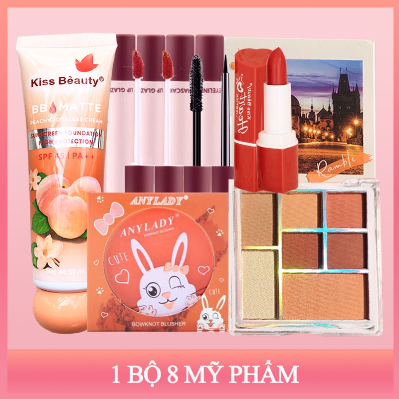 1 bộ 8 miếng trọn bộ mỹ phẩm trang điểm Peach chuẩn KISS BEAUTY （PS-8JT-B01）