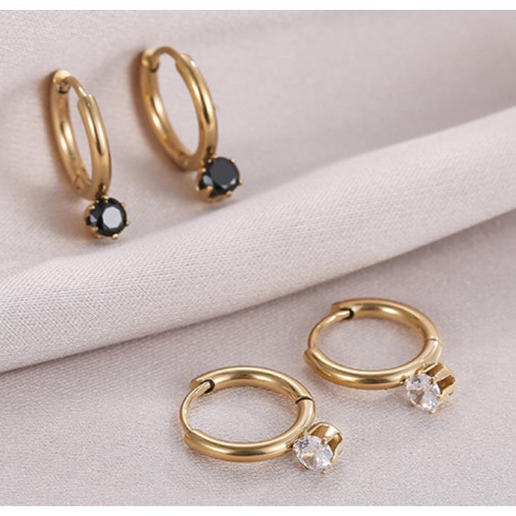 Bông Tai Nữ Khoen Tròn Đính 1 Viên Đá Nhân Tạo Titan Ko Đen TT 2866