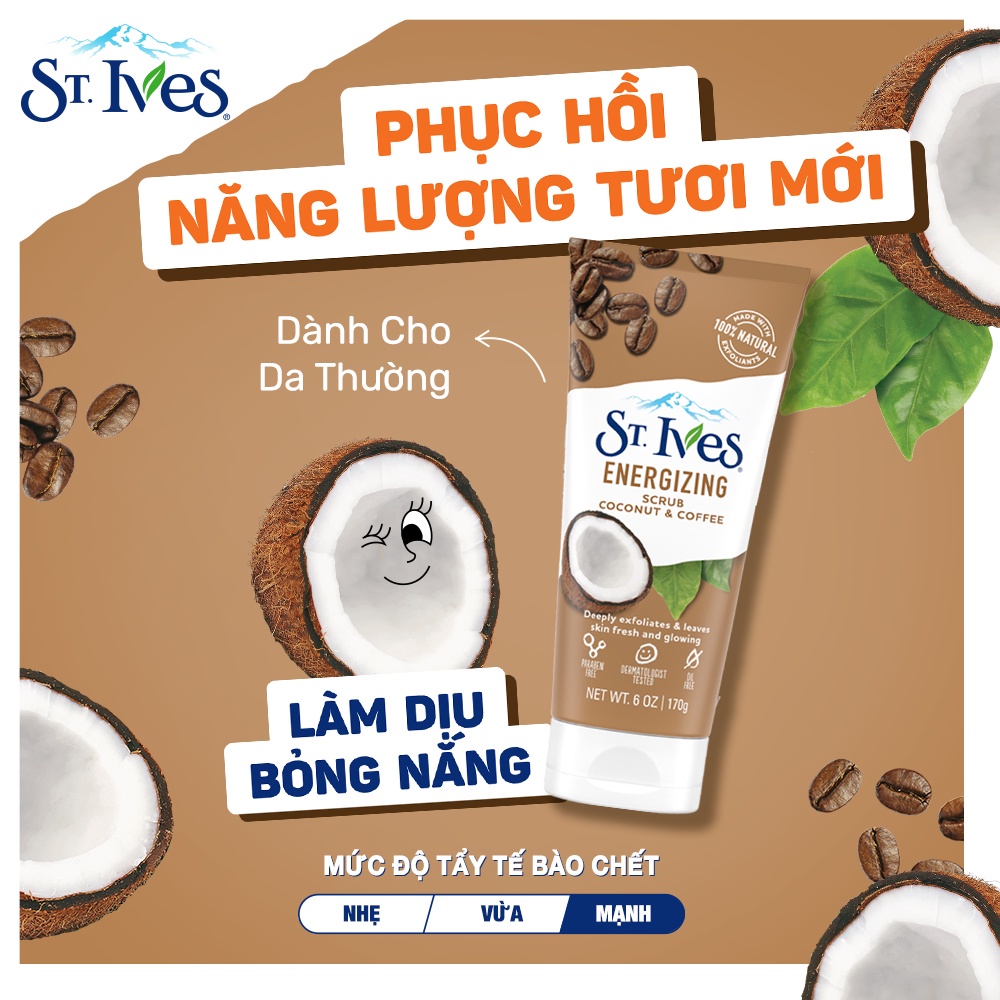 Sữa rửa mặt tẩy tế bào chết St Ives 170g chiết xuất trà xanh, cà phê dừa, bơ mật ong, yến mạch