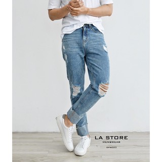 ROUTINE - Quần Jean xanh baggy rách cắt lai gập gấu DPA023