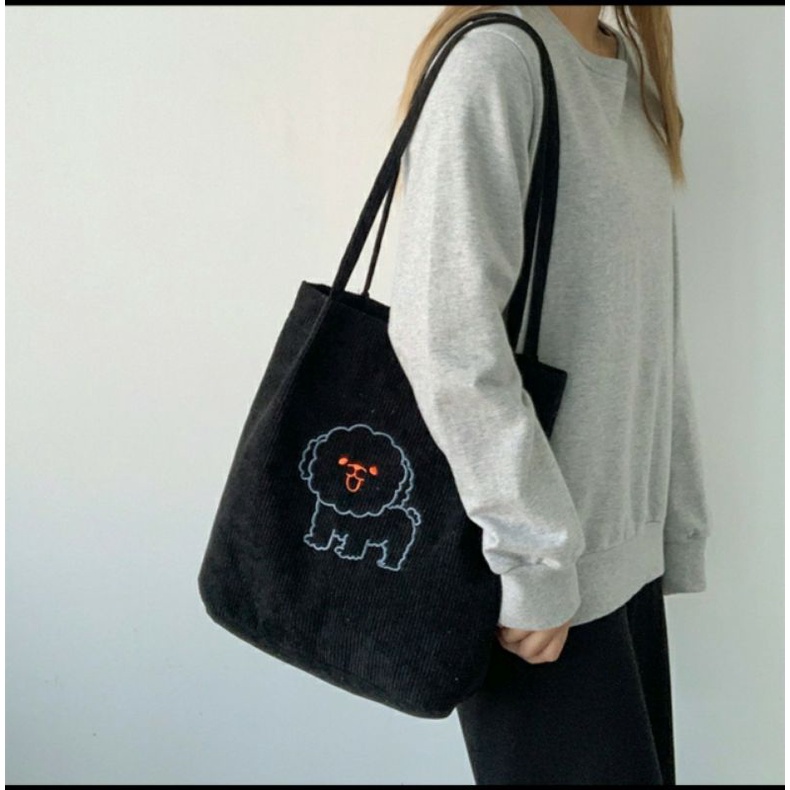 Túi đeo vai, vải gân nhung đẹp, mềm, chó thêu - CHÓ CUTE