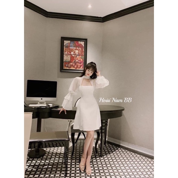 Váy Đầm Dự Tiệc Xoè Tay Loe Bo Chun Khoét Ngực Cổ Cột Nơ Chất Cotton Thái V125 Size S M L AĐ BOUTIQUE