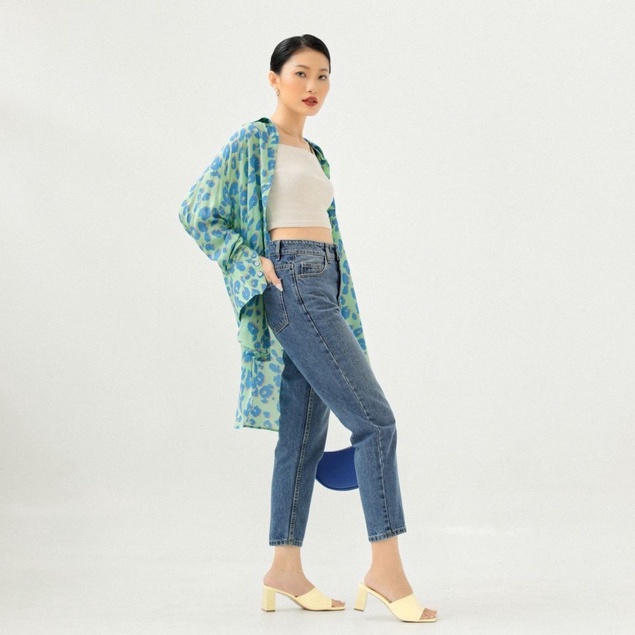 Quần Jeans Cotton Nữ Lưng Cao Form Straight Jeans Ống Đứng Màu Aqua Blue  - Weier.Q