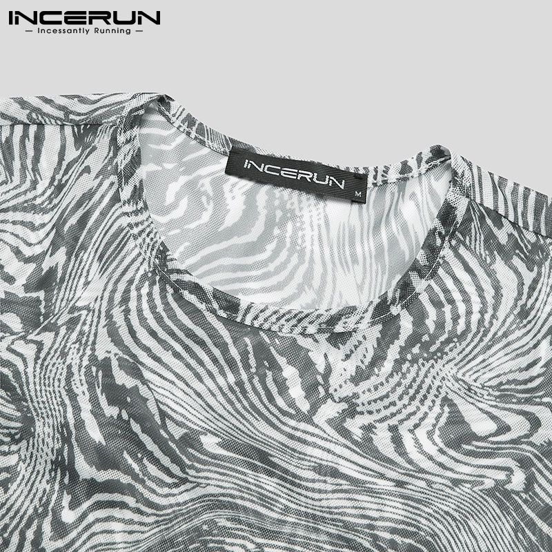 Áo Thun INCERUN Dáng Ôm Vừa Vặn Dài Tay Vải Lưới Mỏng In Họa Tiết Xuyên Thấu Thời Trang Cho Nam