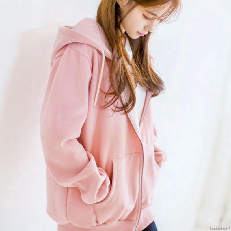 Áo khoác hoodie nhung dáng rộng màu trơn phối khoá kéo | BigBuy360 - bigbuy360.vn