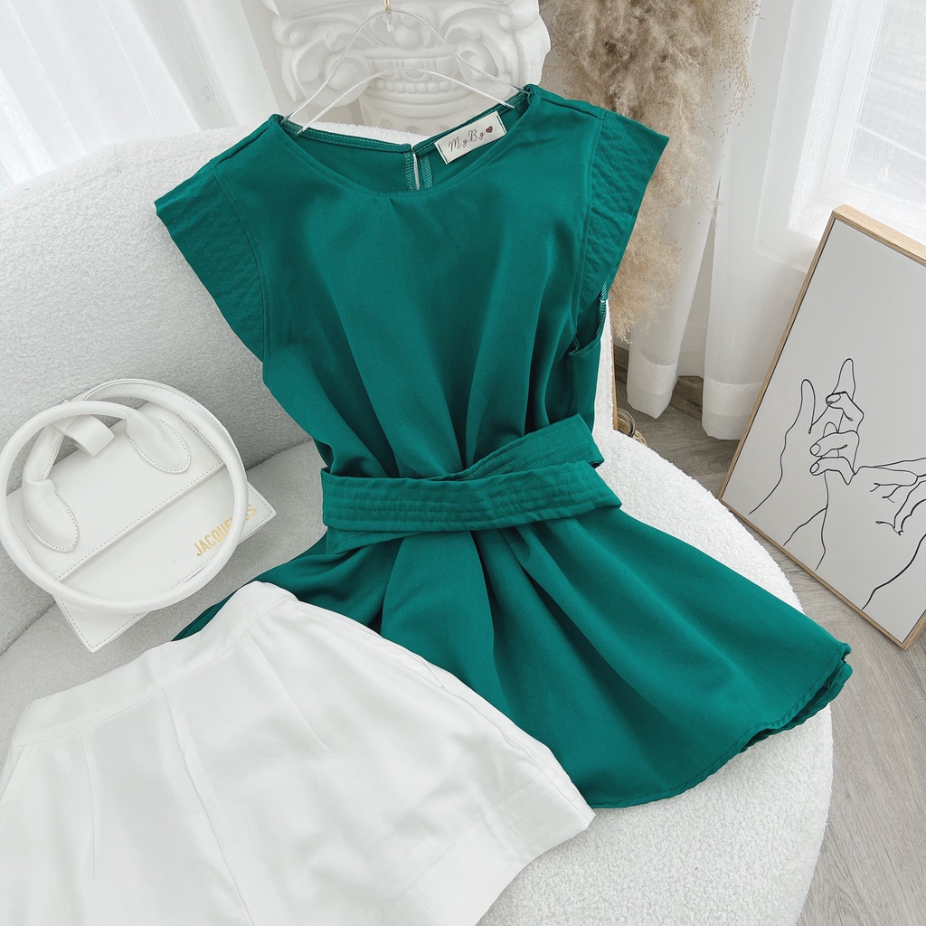 SET ÁO PEPLUM XANH THẮT EO + QUẦN SHORT TRẮNG